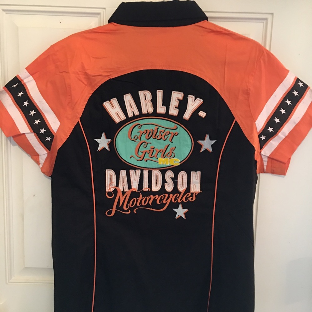 Harley Davidson A Womens 1W Zip Garage Shirt Top Black Coral Turquoise Biker - Picture 5 of 10